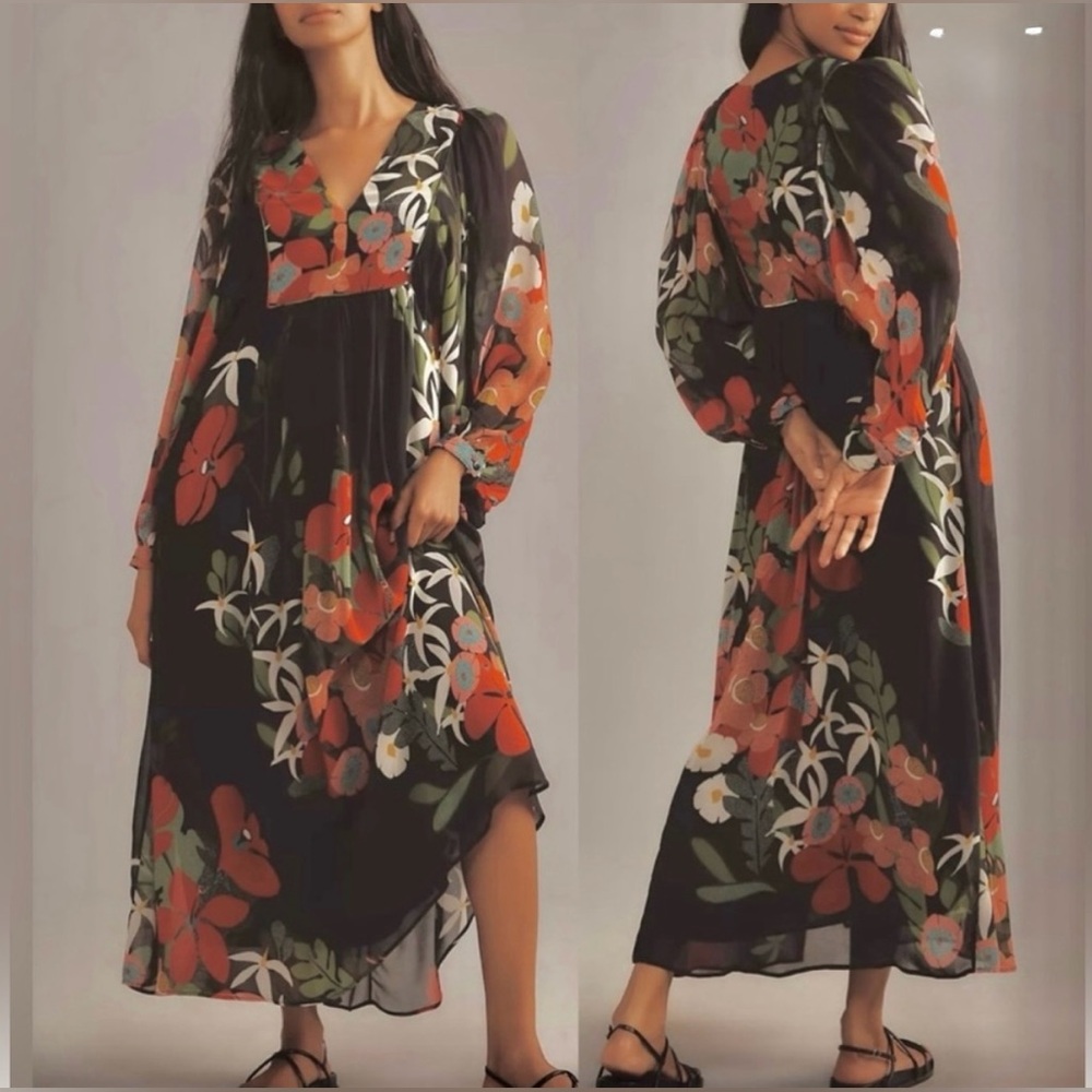 🆕 FARM Rio x Anthropologie Stunning Black Floral Kaftan Maxi Dress - S